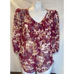 Elle Women's Sheer Pink Flowers Floral Pullover Blouse Size Small Ruffle Front
